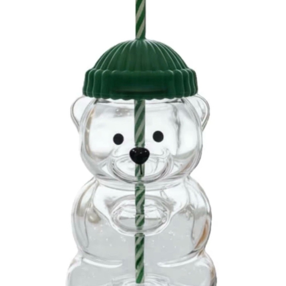 Clear Bear Shaped Tumbler with Green Straw